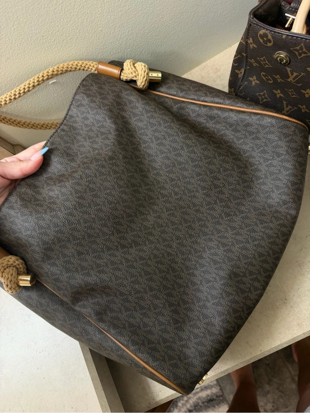 Michael Kors Brown Logo-Print Rope-Handle Shoulder Tote
